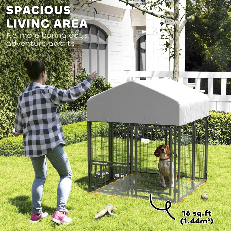 PawHut Welded Wire Outdoor Dog Kennel with 360° Rotating & 4 Levels Adjustable Bowls, Waterproof Cover, 3.9' x 3.9' x 4.5'