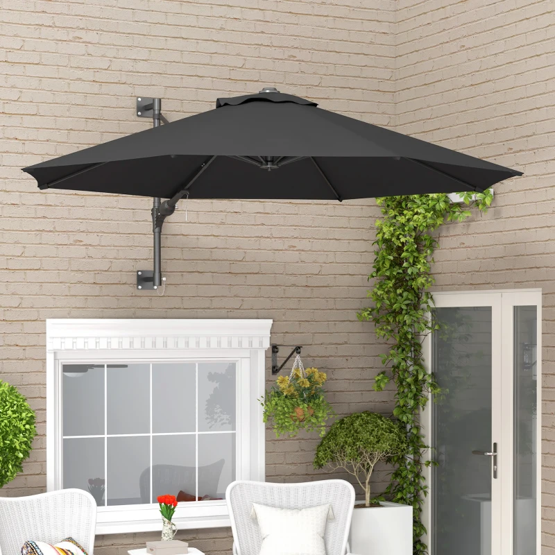 Outsunny 9.6 x 9.6 ft Wall Mounted Umbrella with Rotate, Patio Market Umbrella Parasol for Outdoor with Crank, Charcoal Grey