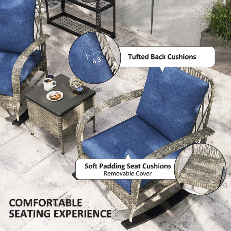 Outsunny 3 Piece Wicker Patio Furniture Set, Outdoor PE Rattan Rocking Chairs with Coffee Table, Cushions for Porch, Gray