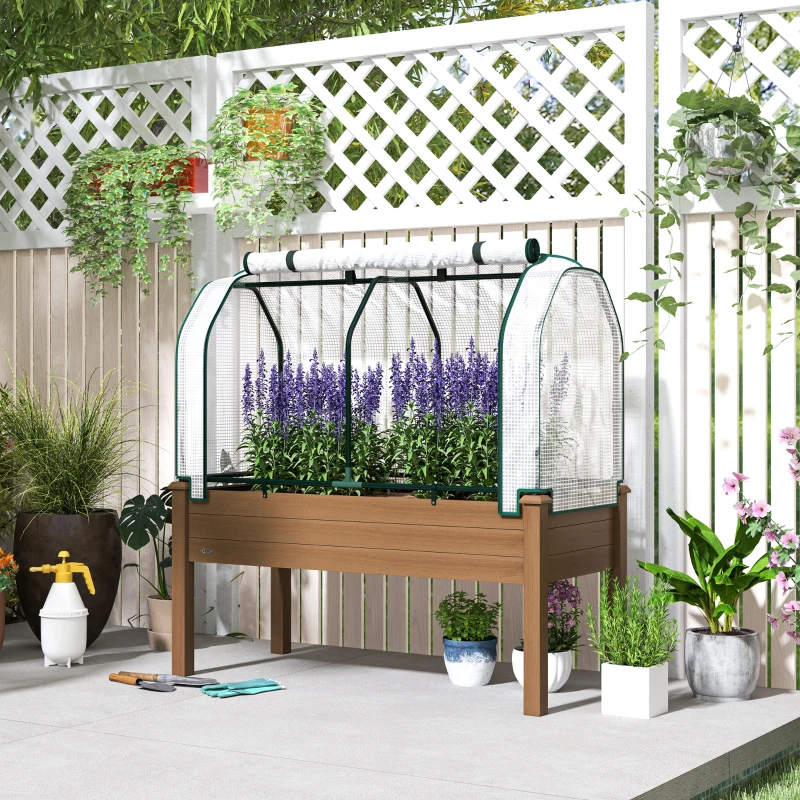 Outsunny Raised Garden Bed with PE Greenhouse Cover Outdoor Planter Box for Herbs and Vegetables, 48 x 22 x 46 inch, Brown