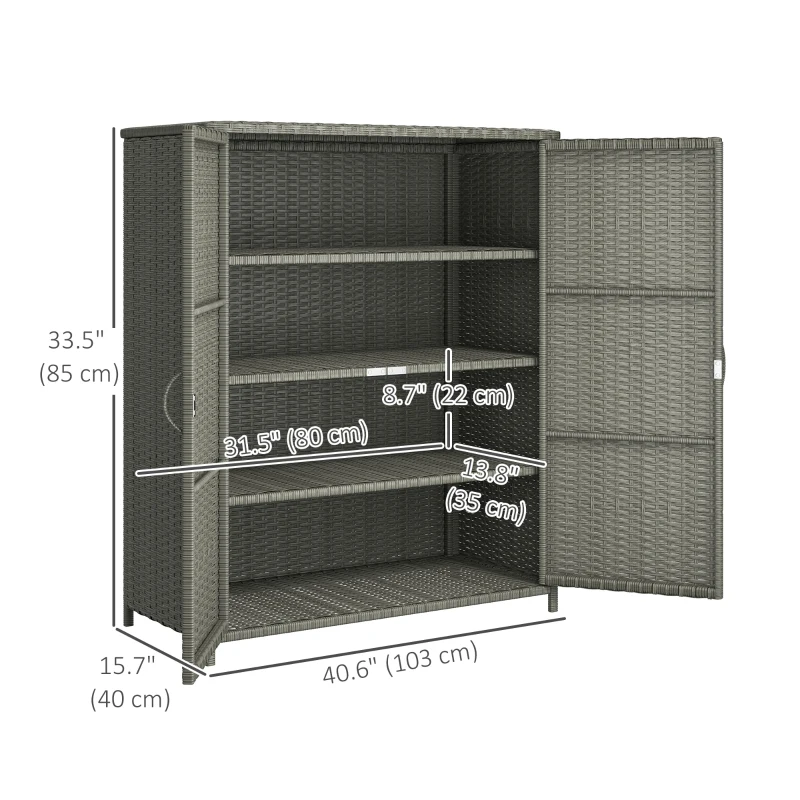 Outsunny Wicker Outdoor Storage Cabinet, Pool Storage Organizer with 4 Shelves and 2 Doors for Garden, Backyard, Dark Grey