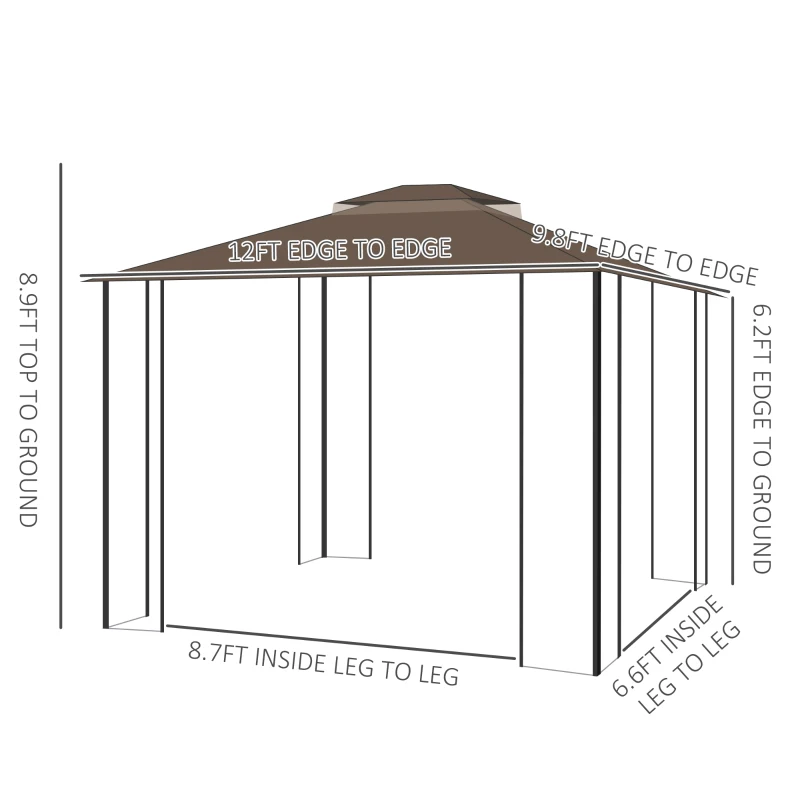 Outsunny 10' x 12' Patio Gazebo Outdoor Canopy Shelter with Double Tier Roof and Nettings for Garden Lawn Backyard Deck, Brown