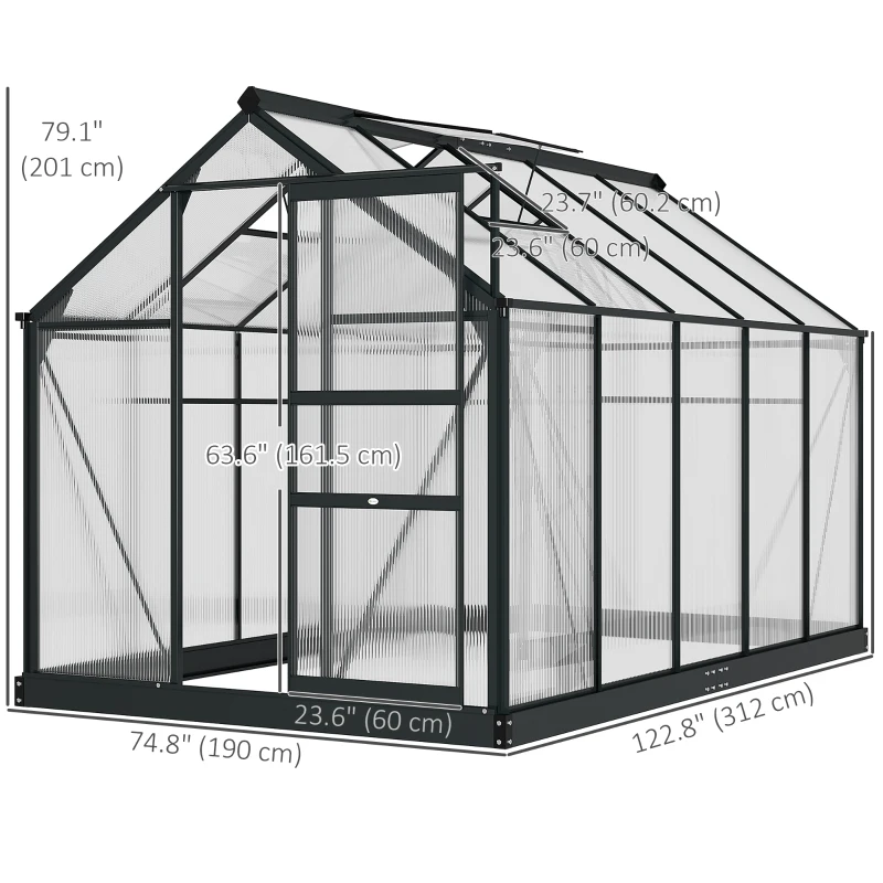 Outsunny 6' x 10' x 6.6' Polycarbonate Greenhouse, Walk-In Green House Kit Garden, Plants Grow, Galvanized Sheet Aluminum Frame with Rain Gutter, Vents and Sliding Door, Grey