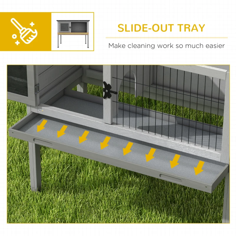 PawHut Wooden Rabbit Hutch with Openable Asphalt Roof, Tray, Grey