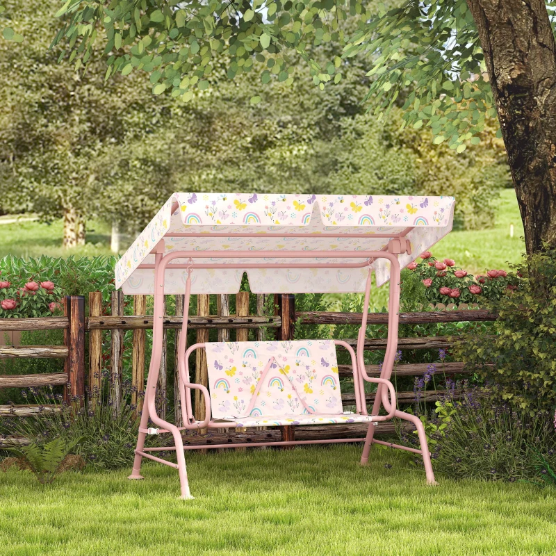 Qaba Kids Patio Swing Chair with Adjustable Canopy, Safety Belt for Patio, Garden, Poolside, Balcony, Pink