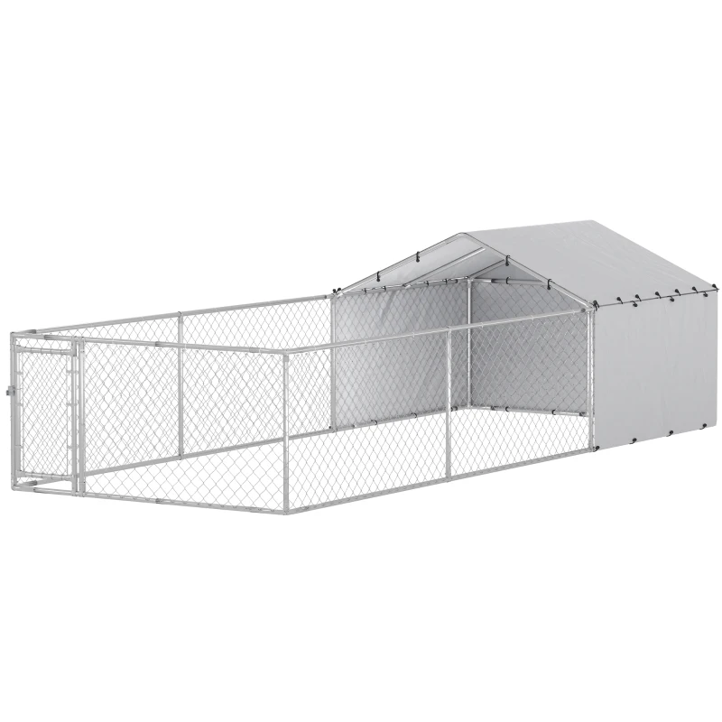 PawHut Galvanized Steel Dog Kennel Outdoor with Waterproof & UV-Resistant Cover for Large Dogs, 19.7' x 7.5' x 4.9'