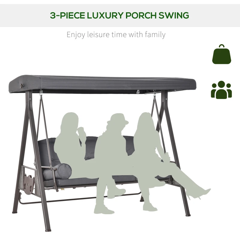 Outsunny Outdoor Patio 3-Person Steel Canopy Cushioned Seat Bench Swing with Included Side Trays & Padded Comfort, Dark Grey