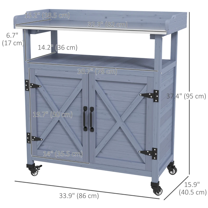 Outsunny Outdoor Wooden Potting Bench with Storage Cabinet, Aluminum Tabletop, Rubber Wheels for Backyard, Patio, Balcony, Grey