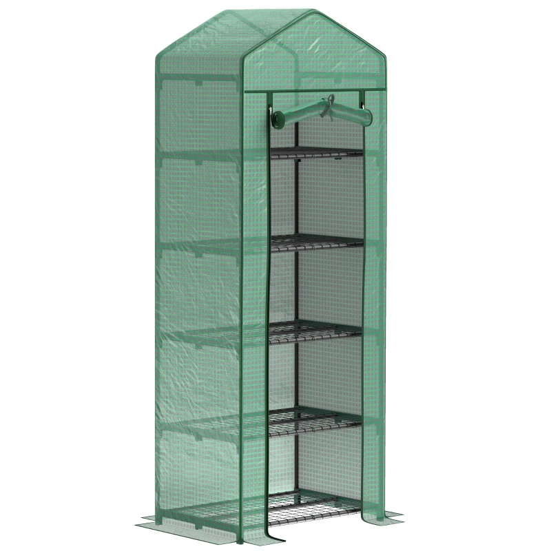 Outsunny 5 Tier Mini Greenhouse, Portable Outdoor Flower Stand with Shelf Clips, Indoor Greenhouse with Steel Frame, Transparent, 27.25" x 19.25" x 76", Green