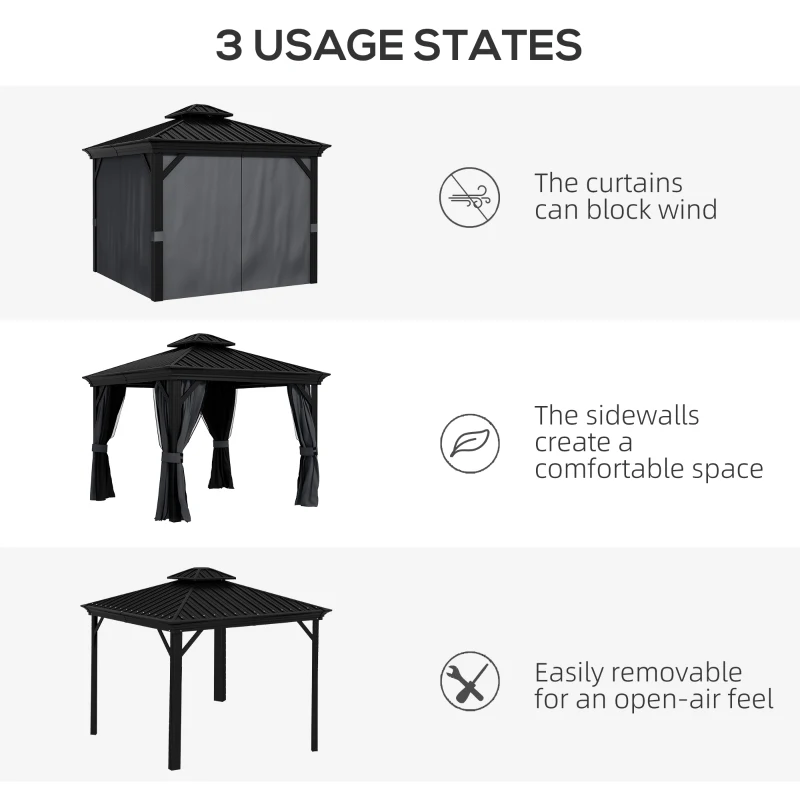 Outsunny 10' x 12' Outdoor Hardtop Gazebo with Galvanized Canopy & Netting Sidewalls for Lawn, Backyard, Dark Grey