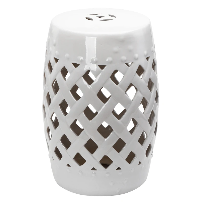 Outsunny 18" Ceramic Garden Stool with Woven Lattice Design, Indoor & Outdoor Decorative Accent Stool, White