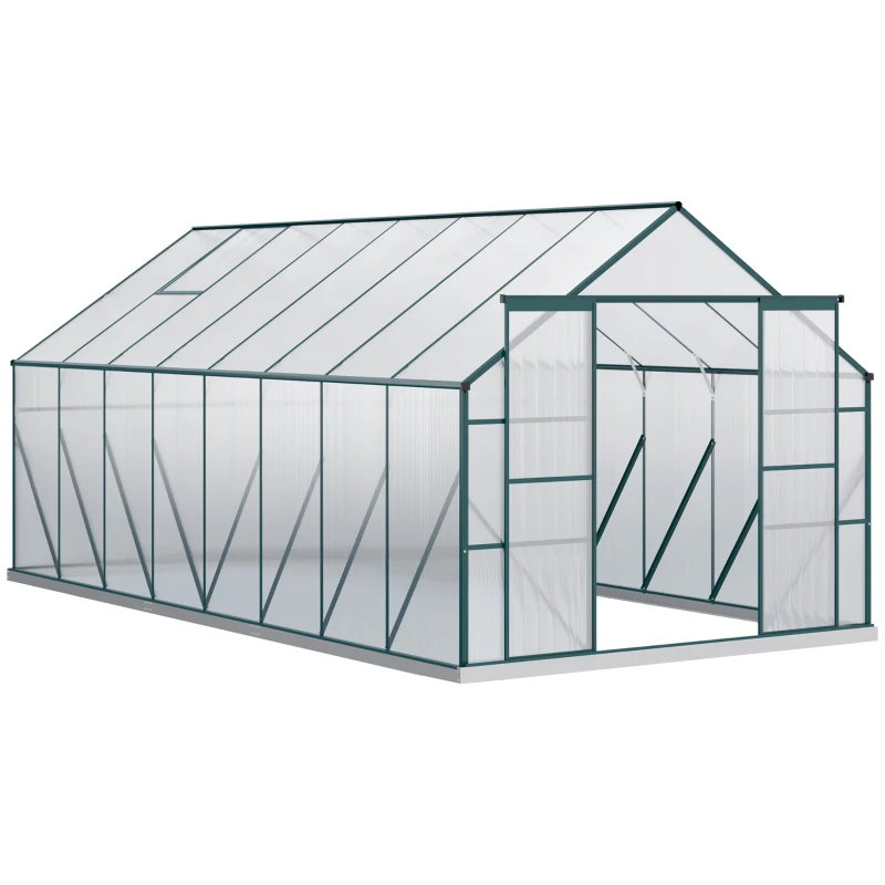 Outsunny 16' x 8' Aluminum Polycarbonate Greenhouse Walk-in Garden Greenhouse Kit with Adjustable Roof Vent, Rain Gutter and Sliding Door for Winter, Green