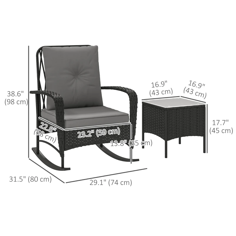 Outsunny 3 Pieces Rattan Bistro Set, Wicker Patio Furniture with Rocking Chairs, Thick Cushions for Porch Balcony, Grey