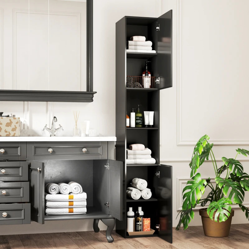 kleankin Tall Bathroom Cabinet, High Gloss Storage Cabinet with Doors and Adjustable Shelves, 11.8" x 11.8" x 71.5", Black