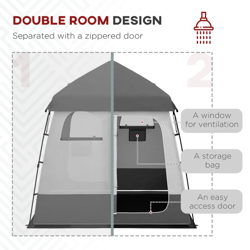 Outsunny Outdoor Portable Pop Up Shower Tent Changing Tent Privacy Enclosure with 2 Rooms, Shower Bag, Floor for Camping, Dark Grey