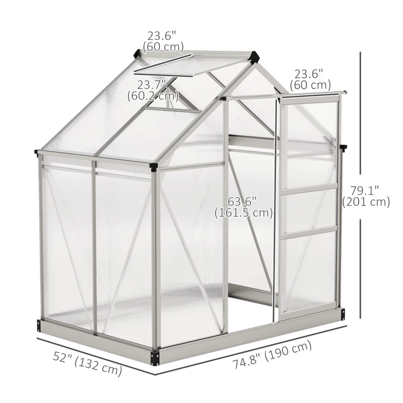 Outsunny 6' x 4' x 6.6' Polycarbonate Greenhouse, Walk-In Green House Kit Garden, Plants Grow, Galvanized Sheet Aluminum Frame with Rain Gutter, Vent and Sliding Door, Silver