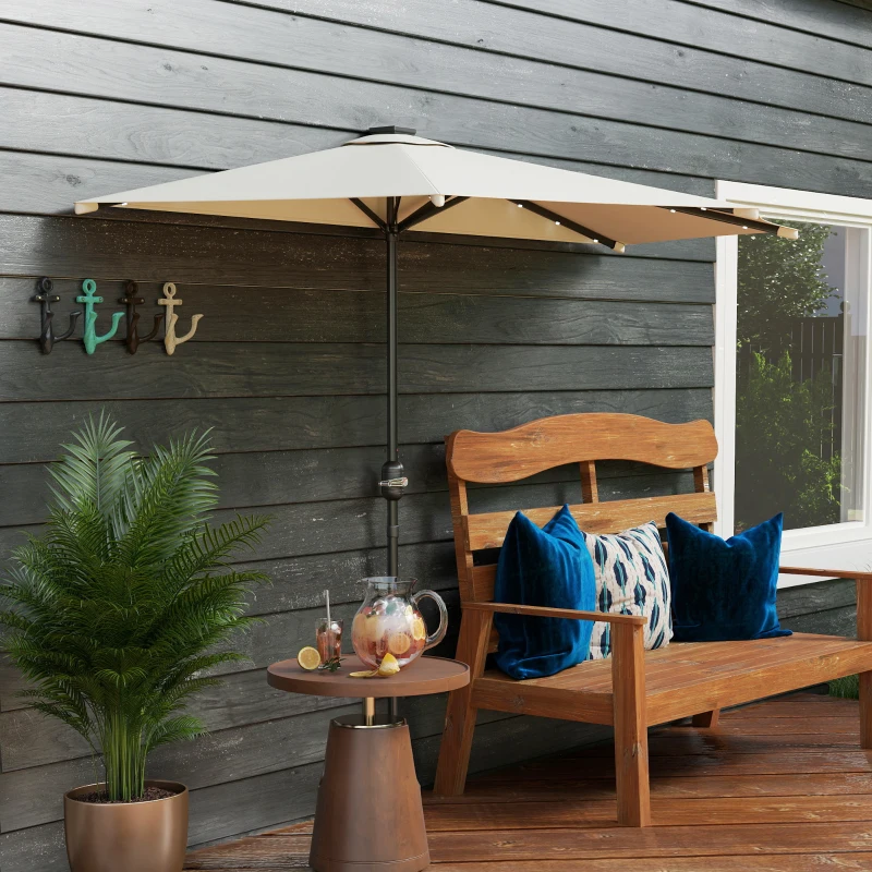Outsunny Half Outdoor Patio Umbrella, UPF 30+ Small Vented Half Patio Umbrella with Crank 8 Ribs for Balcony Porch Garden Deck Poolside, Cream White