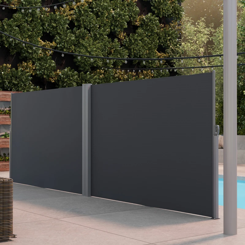 Outsunny Retractable Double Side Awning, 79"x236" Patio Privacy Screen, UV Resistant, Waterproof Wind Screen, Charcoal Grey