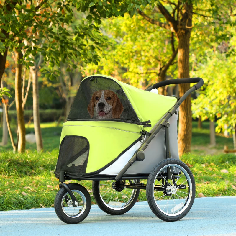 PawHut 3 Wheels Dog Stroller w/ One-Hand Fold, Rubber Wheels, Storage Bag, Soft Cushion for Small & Medium Dogs Yellowish Green