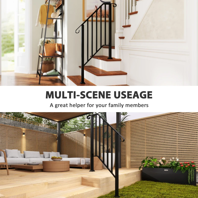 Outsunny 2-3 Step Handrails for Outdoor Steps, Metal Outdoor Stair Railing, Porch Deck Railing with Installation Kit, Black