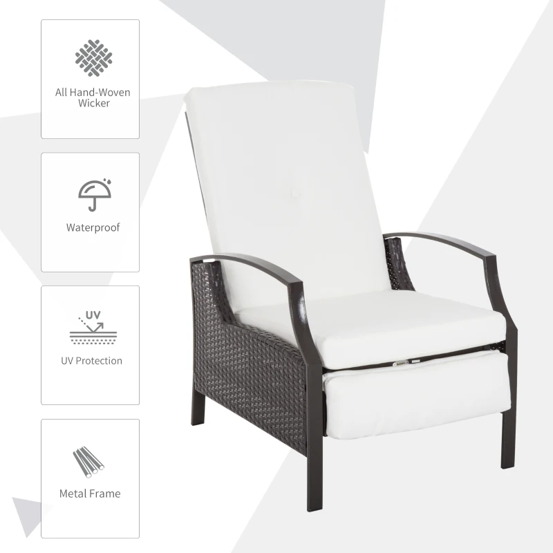 Outsunny Outdoor Rattan Recliner Chair, Wicker Reclining Chair with Adjustable Back Retractable Footrest Cushion White