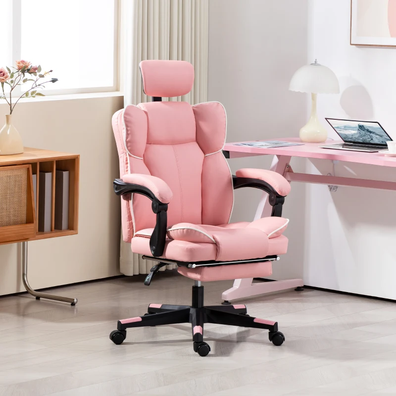 HOMCOM PU Leather Office Chair, Executive Desk Chair with Headrest, Foot Rest, Swivel Wheels, Reclining Computer Chair, Pink