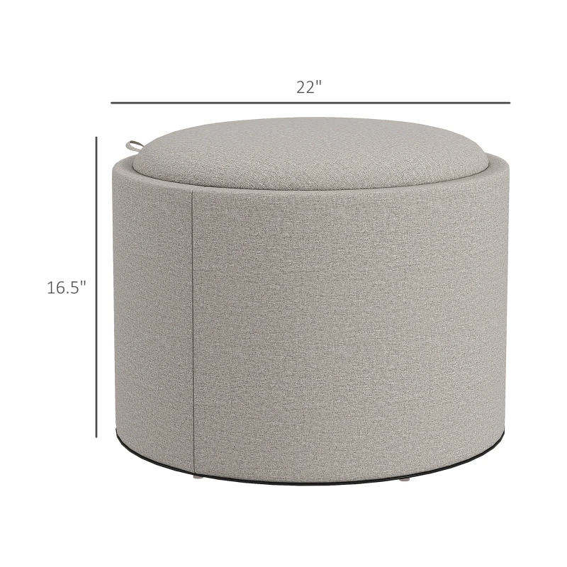 HOMCOM Round Storage Ottoman Coffee Table with Flip Top Tray, Linen Fabric Upholstered Footstool with Hidden Compartment