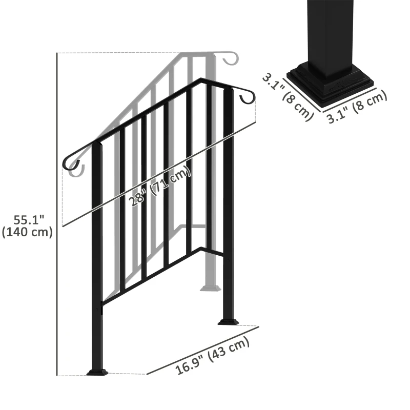 Outsunny 2-3 Step Handrails for Outdoor Steps, Metal Outdoor Stair Railing, Porch Deck Railing with Installation Kit, Black