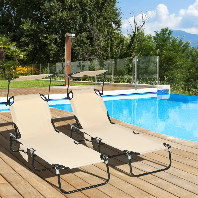 Outsunny 2 Piece Folding Outdoor Chaise Lounges, Pool, Sun, Tanning Chairs with Reclining Back, Sunshade for Beach, Patio, Tan