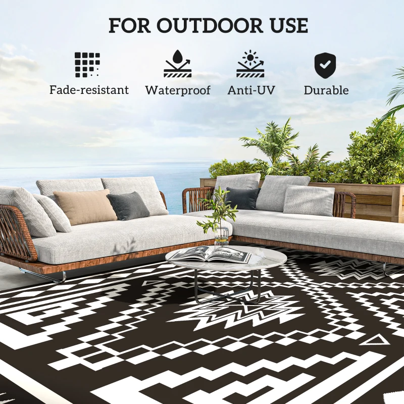 Outsunny Reversible Outdoor Rug, Waterproof Plastic Straw with Carry Bag, 9' x 18', Black & White Square Patchwork