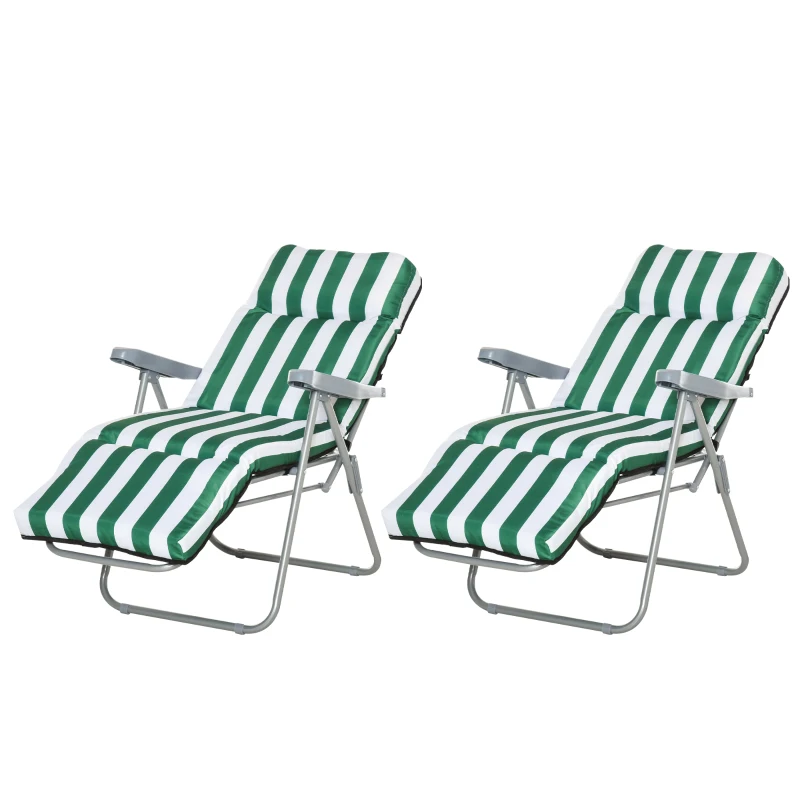 Outsunny Set of 2 Garden Sun Lounger, Outdoor Reclining Seat Cushioned Seat, Foldable Adjustable Recliner, White and Green