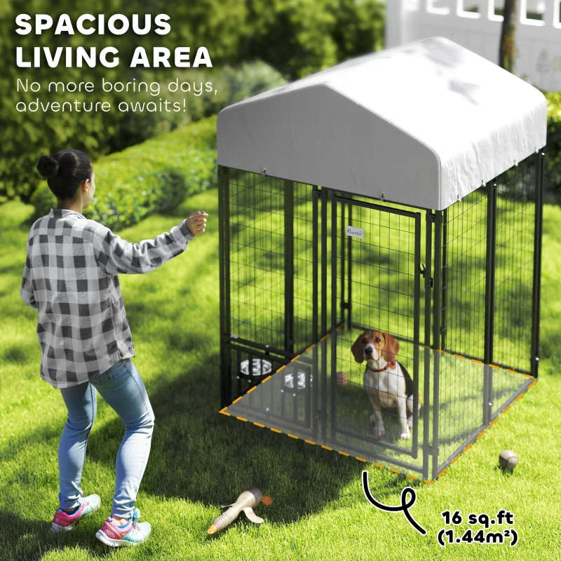 PawHut Welded Wire Outdoor Dog Kennel with 360° Rotating & 4 Levels Adjustable Bowls, Waterproof Cover, 3.9' x 3.9' x 6'