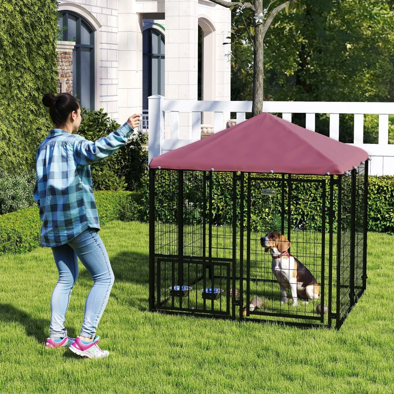 PawHut Welded Wire Outdoor Dog Kennel with 360° Rotating & 4 Levels Adjustable Bowls, Waterproof Cover, 4.6' x 4.6' x 5'