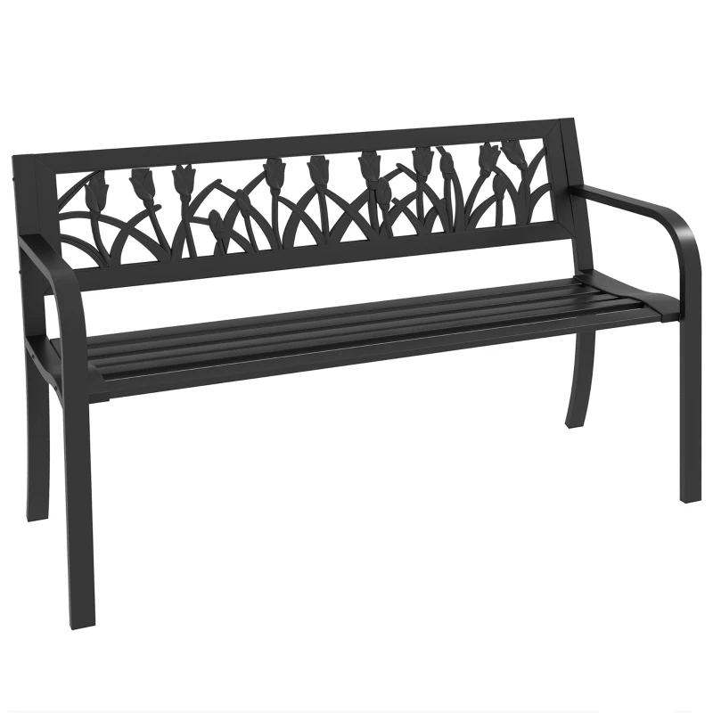Outsunny 49" Metal Outdoor Bench Patio Bench with Curved Arms and Slatted Seat for Patio, Backyard, Lawn