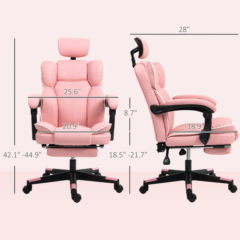 HOMCOM PU Leather Office Chair, Executive Desk Chair with Headrest, Foot Rest, Swivel Wheels, Reclining Computer Chair, Pink