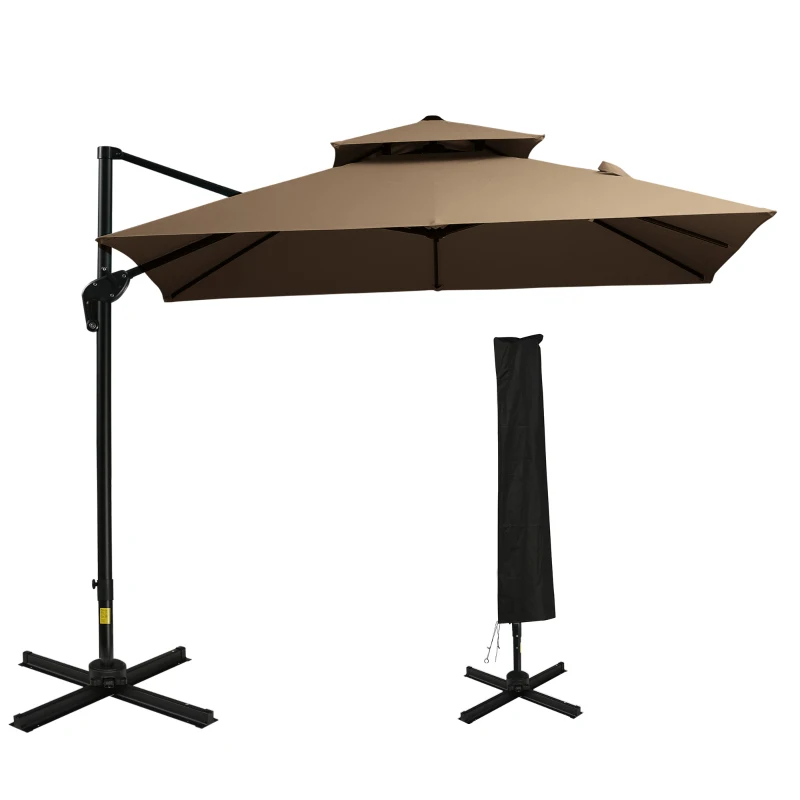 Outsunny 10ft Offset Patio Umbrella with Base, Double Top Hanging Aluminum Cantilever Umbrella with 360-degree Rotation, Easy Tilt, 8 Ribs, Crank, Cross Base, Cover, Strap, Coffee