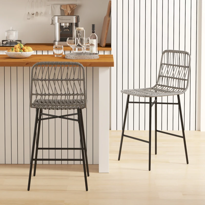 HOMCOM Rattan Counter Height Bar Stools Set of 2, 26" Counter Stools with Back, Modern Bar Chairs for Kitchen Island, Grey