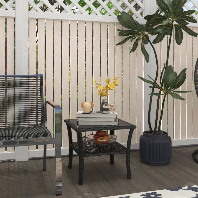 Outsunny 20" Patio Wicker Coffee Table, Outdoor PE Rattan Two-tier Side Table with Glass Top, for Patio, Garden, Balcony, Black