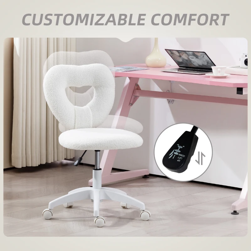 HOMCOM Armless Computer Desk Chair, Office Task Chair, Teddy Fleece Heart Makeup Vanity Chair with Swivel Wheels, White