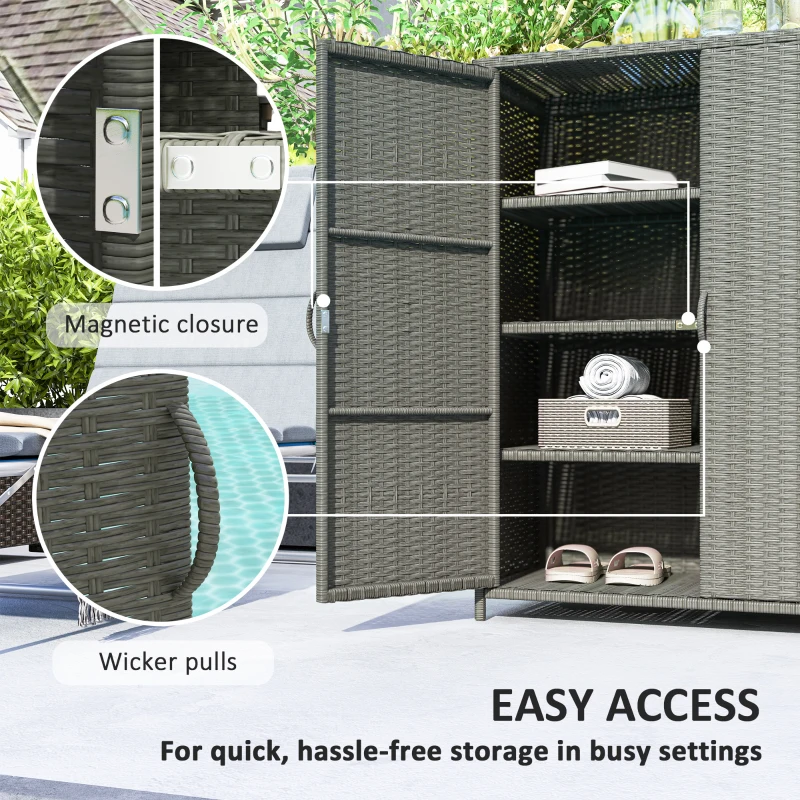 Outsunny Wicker Outdoor Storage Cabinet, Pool Storage Organizer with 4 Shelves and 2 Doors for Garden, Backyard, Dark Grey