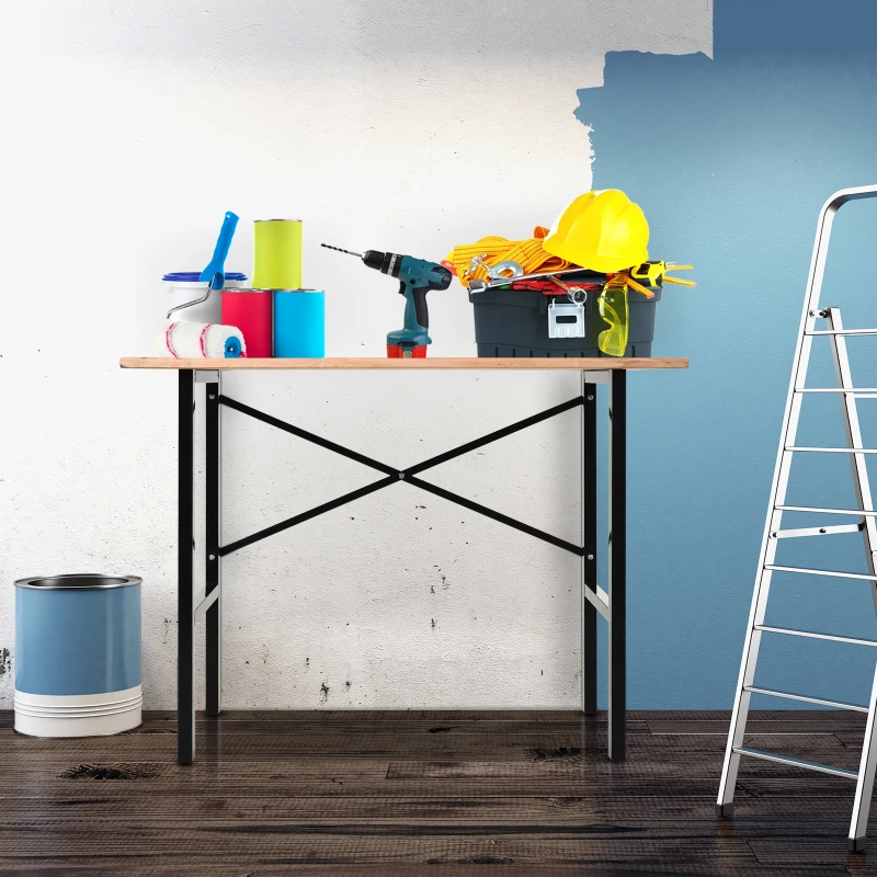 HOMCOM 46" Workbench Table Fir Wood Top, Heavy-Duty Steel X-Shape Bracket Work Table High Stability Workstation, Easy Assembly for Garage Kitchen Office