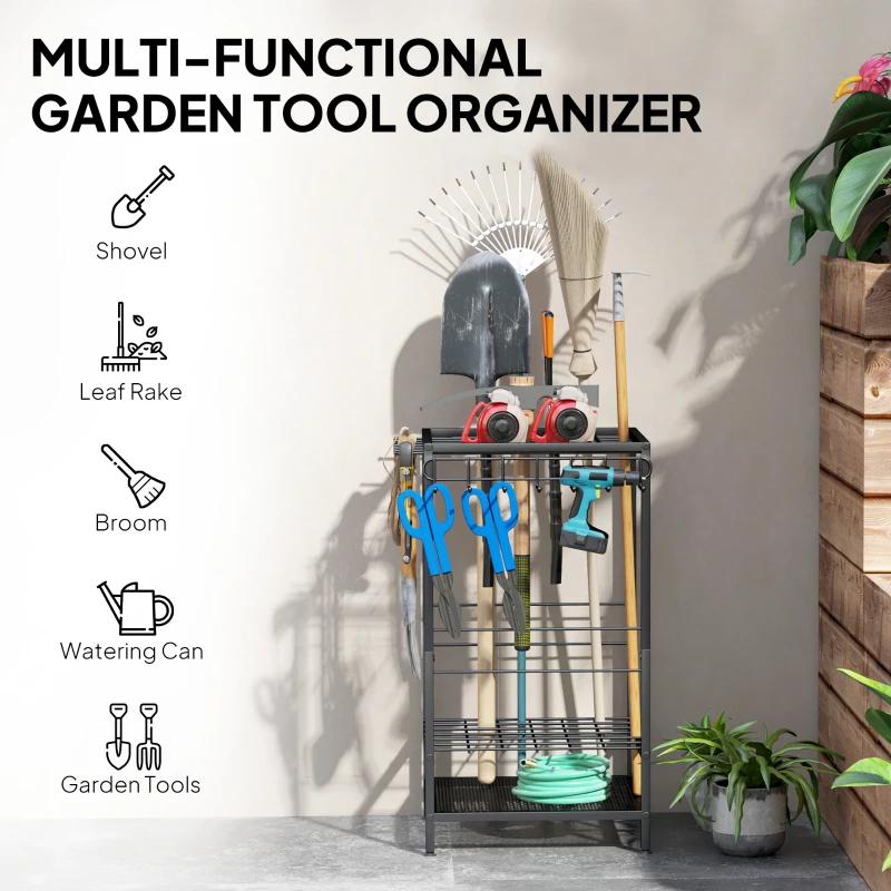 Outsunny 3-Tier Yard Tool Tower Rack, Garden Tool Organizer with 14 Hooks for Long-Handled Rakes, Shovel, Broom, Black