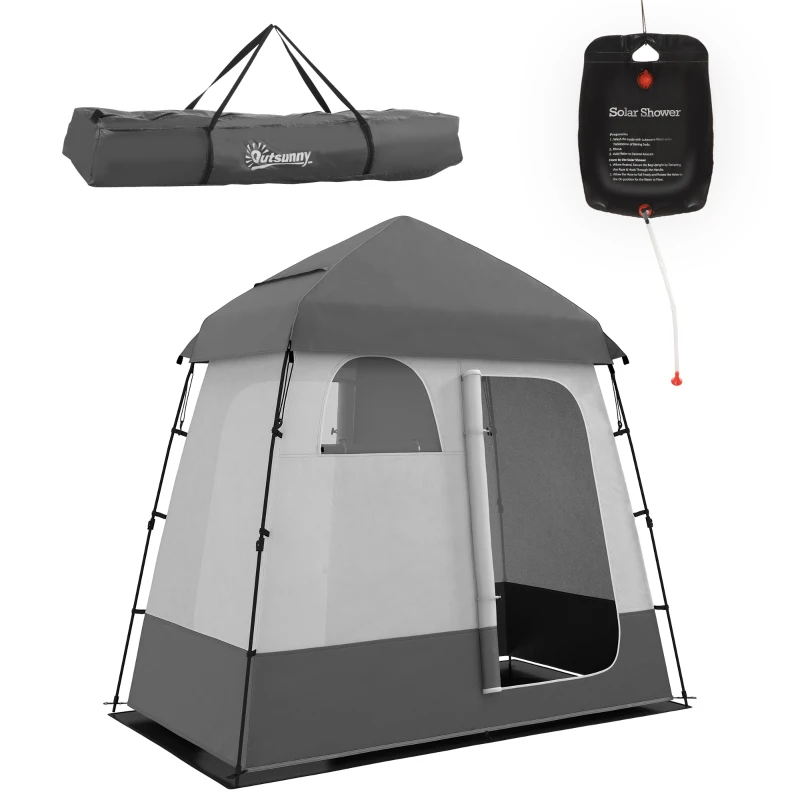 Outsunny Outdoor Portable Pop Up Shower Tent Changing Tent Privacy Enclosure with 2 Rooms, Shower Bag, Floor for Camping, Dark Grey