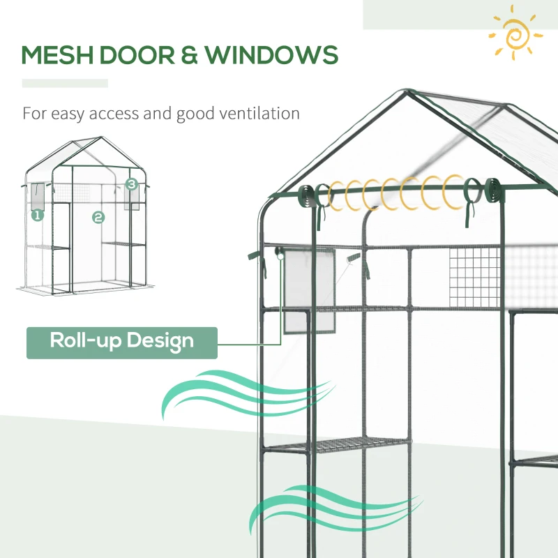 Outsunny Walk-in Greenhouse with 4 Shelves, 56" x 29" x 77" Mini Greenhouse ,Roll-Up Door, Mesh Windows for Seedling, Flowers, Plant Growing, Clear