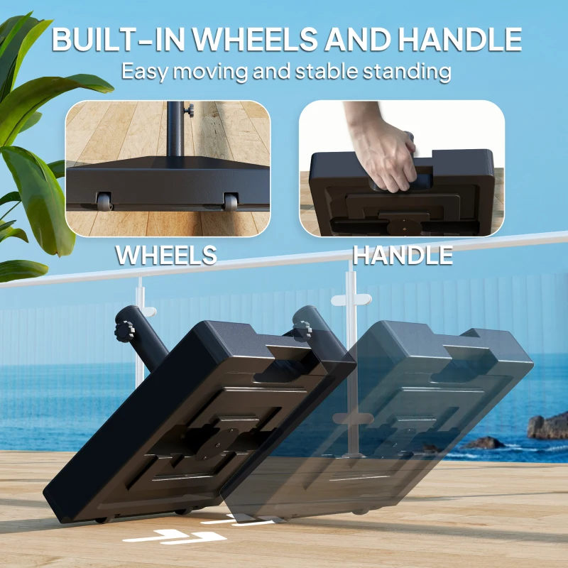 Outsunny Plastic Square Patio Umbrella Base with Wheels Handle, Heavy Duty Outdoor Umbrella Stand Base, Filled Up to 73lb with Stand or 57lb with Water for Garden, Poolside, Black