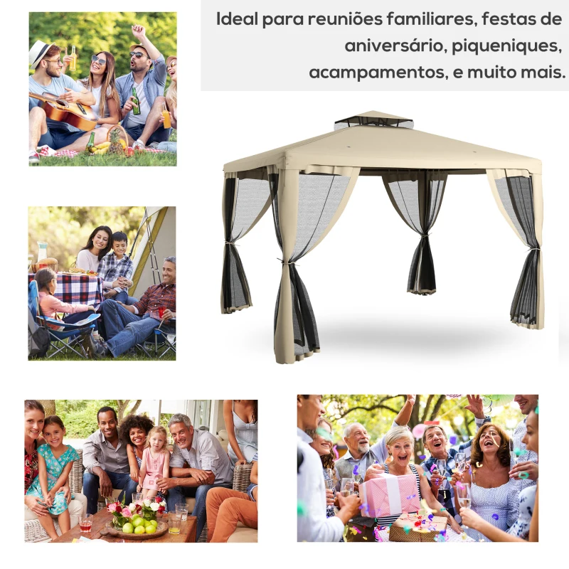 Outsunny 9.6' x 11.6' Patio Gazebo Outdoor Canopy Shelter with 2-Tier Roof and Netting, Steel Frame for Garden, Taupe