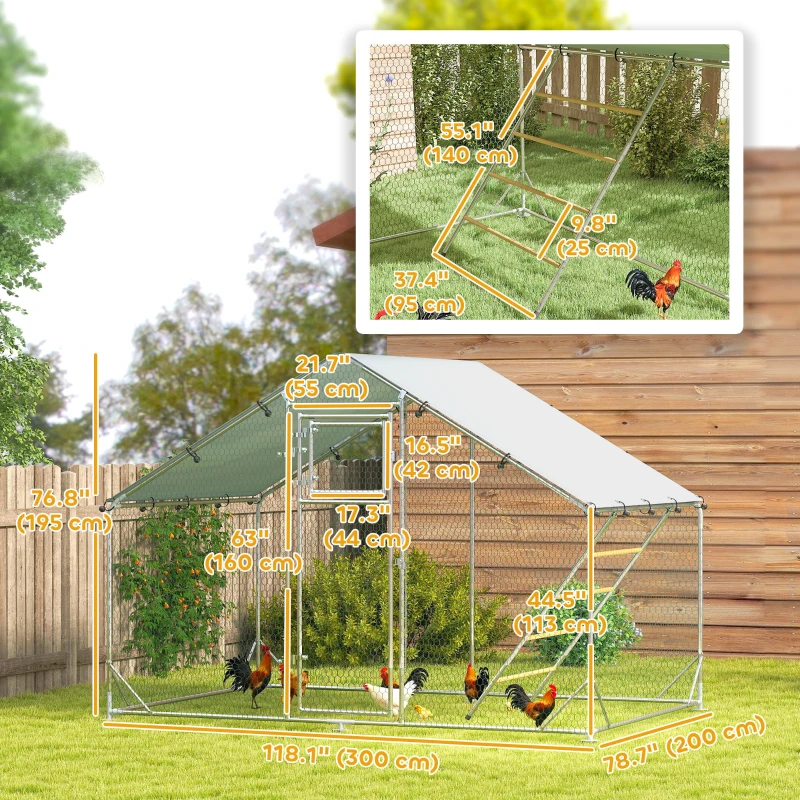 PawHut Large Metal Chicken Run with Waterproof & UV-Resistant Cover, Feeding Door, Hanging Feeder, Perch for 6-8 Chickens