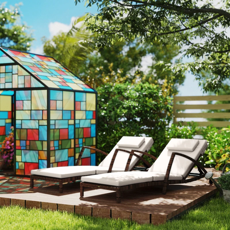 Outsunny Set of 2 Wicker Chaise Lounge Chair Outdoor Patio Lounger with 5 Adjustable Back, Wheels, Cushion, and Armrests, Beige