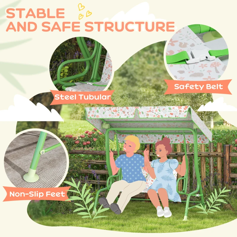 Qaba Kids Patio Swing Chair with Adjustable Canopy, Safety Belt for Patio, Garden, Poolside, Balcony, Green