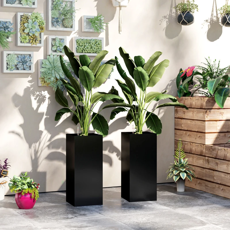 Outsunny 2 Pack Planter Box, 26 Inch Plastic Flower Pots with Water Level Indicator, Drainage Hole and Drain Plug, Black